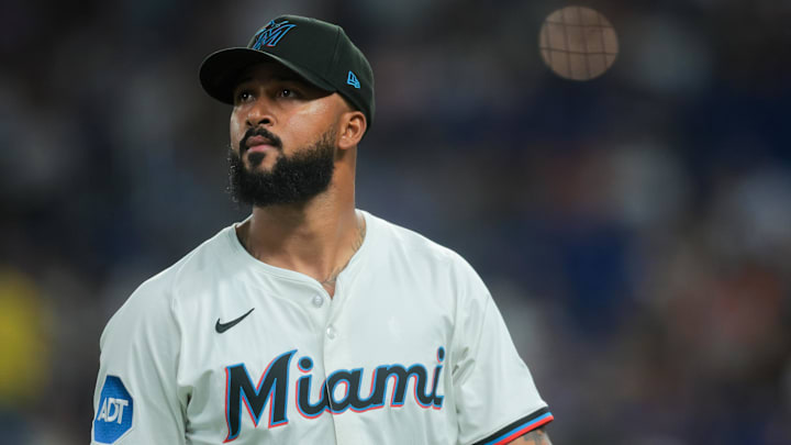 May 5, 2025; Miami, Florida, USA; Miami Marlins starting pitcher Sandy Alcantara (22) looks on against the Los Angeles Dodgers during the first inning at loanDepot Park. Mandatory Credit: Sam Navarro-Imagn Images
