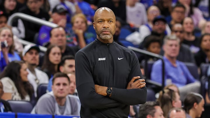 Apr 8, 2025; Orlando, Florida, USA; Orlando Magic head coach Jamahl Mosley looks on during the second quarter against the Atlanta Hawks at Kia Center. Mandatory Credit: Mike Watters-Imagn Images