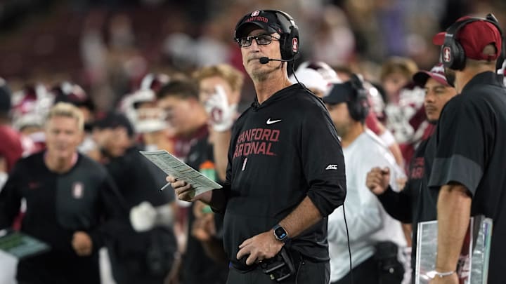 Sep 13, 2025; Stanford, California, USA; Stanford Cardinal head coach Frank Reich stands on the sideline during the fourth quarter against the Boston College Eagles at Stanford Stadium. Mandatory Credit: Darren Yamashita-Imagn Images