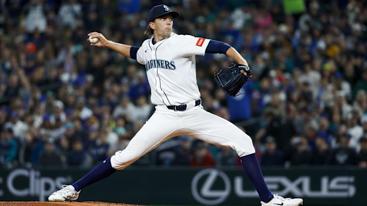 Seattle Mariners pitcher Logan Gilbert throws during a game against the Athletics on March 27 at T-Mobile Park. Seattle Mariners pitcher Logan Gilbert throws during a game against the Athletics on March 27 at T-Mobile Park.