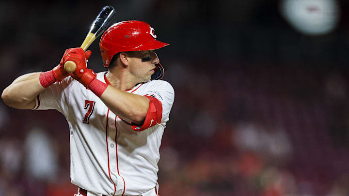 Cincinnati Reds outfielder Spencer Steer looks for a pitch against the Atlanta Braves on Sept. 18 at Great American Ball Park. Cincinnati Reds outfielder Spencer Steer looks for a pitch against the Atlanta Braves on Sept. 18 at Great American Ball Park.