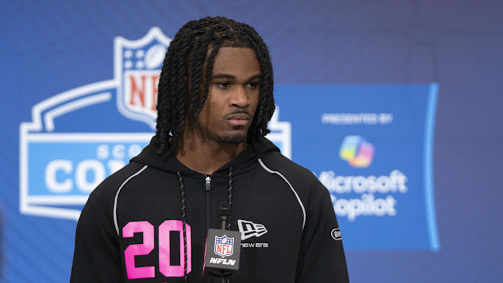 Feb 26, 2026; Indianapolis, IN, USA; Tennessee defensive back Jermod McCoy (DB20) speaks to media members during the NFL Combine at the Indiana Convention Center. Mandatory Credit: Jacob Musselman-Imagn Images Feb 26, 2026; Indianapolis, IN, USA; Tennessee defensive back Jermod McCoy (DB20) speaks to media members during the NFL Combine at the Indiana Convention Center. Mandatory Credit: Jacob Musselman-Imagn Images