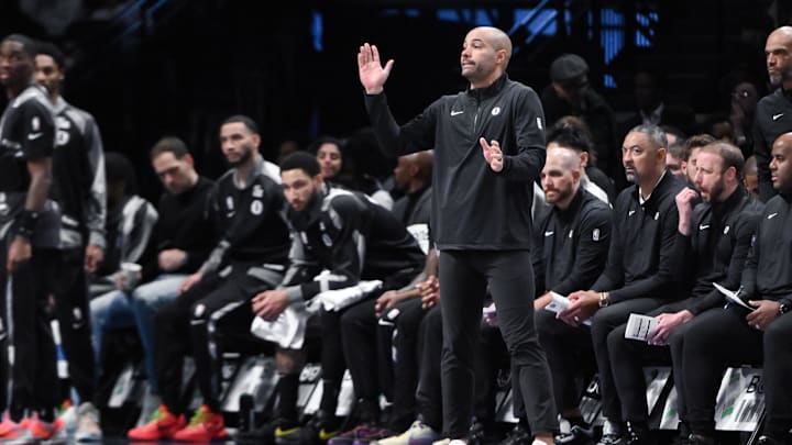 Dec 1, 2024; Brooklyn, New York, USA; Brooklyn Nets head coach Jordi Fernandez reacts during the first half against the Orlando Magic at Barclays Center. Mandatory Credit: John Jones-Imagn Images