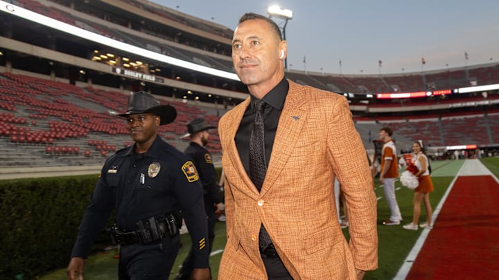 Nov 15, 2025; Athens, Georgia, USA; Texas Longhorns head coach Steve Sarkisian walks into Sanford Stadium before a game against the Georgia Bulldogs. Mandatory Credit: Brett Davis-Imagn Images