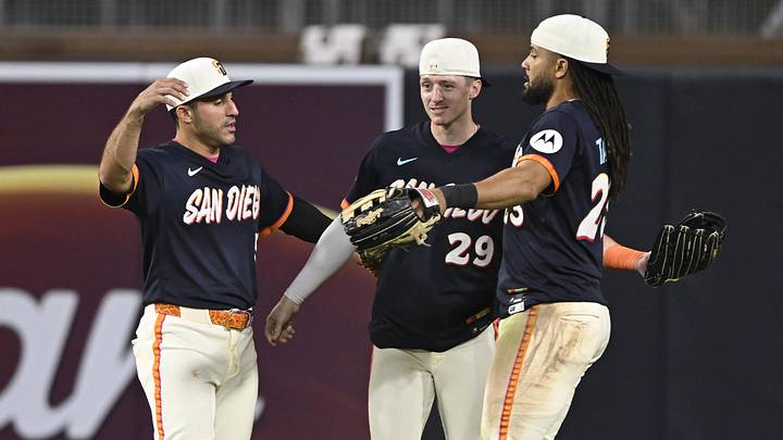 May 22, 2026; San Diego, California, USA; San Diego Padres left fielder Ramón Laureano (5), left, center fielder Bryce Johnson (29), center, and San Diego Padres right fielder Fernando Tatis Jr. (23) celebrate after the Padres beat the Athletics at Petco Park. Mandatory Credit: Denis Poroy-Imagn Images May 22, 2026; San Diego, California, USA; San Diego Padres left fielder Ramón Laureano (5), left, center fielder Bryce Johnson (29), center, and San Diego Padres right fielder Fernando Tatis Jr. (23) celebrate after the Padres beat the Athletics at Petco Park. Mandatory Credit: Denis Poroy-Imagn Images