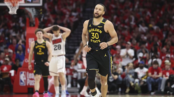 May 4, 2025; Houston, Texas, USA; Golden State Warriors guard Stephen Curry (30) reacts after scoring a basket during the second half of game seven of the first round for the 2025 NBA Playoffs against the Houston Rockets at Toyota Center. Mandatory Credit: Troy Taormina-Imagn Images May 4, 2025; Houston, Texas, USA; Golden State Warriors guard Stephen Curry (30) reacts after scoring a basket during the second half of game seven of the first round for the 2025 NBA Playoffs against the Houston Rockets at Toyota Center. Mandatory Credit: Troy Taormina-Imagn Images