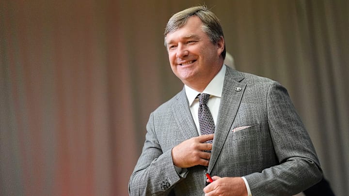 July 15, 2025; Atlanta, GA, USA; Georgia head coach Kirby Smart takes the stage in the Main Media Room during SEC Media Days at the College Football Hall of Fame in Atlanta.