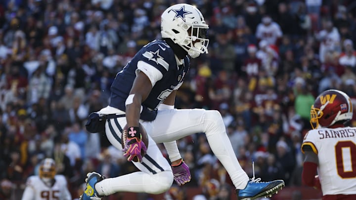 Dallas Cowboys wide receiver George Pickens celebrates after a play against the Washington Commanders.