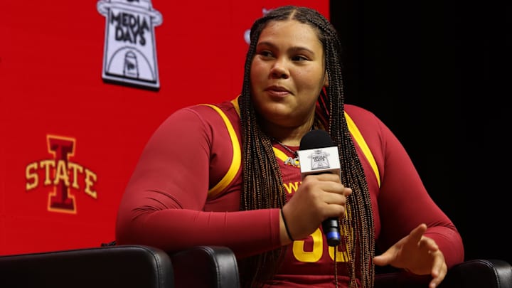 Oct 21, 2025; Kansas City, MO, USA; Iowa Stateís Audi Crooks speaks to media during Big 12 Womenís Basketball Media Day at T-Mobile Center. Mandatory Credit: Sophia Scheller-Imagn Images Oct 21, 2025; Kansas City, MO, USA; Iowa Stateís Audi Crooks speaks to media during Big 12 Womenís Basketball Media Day at T-Mobile Center. Mandatory Credit: Sophia Scheller-Imagn Images