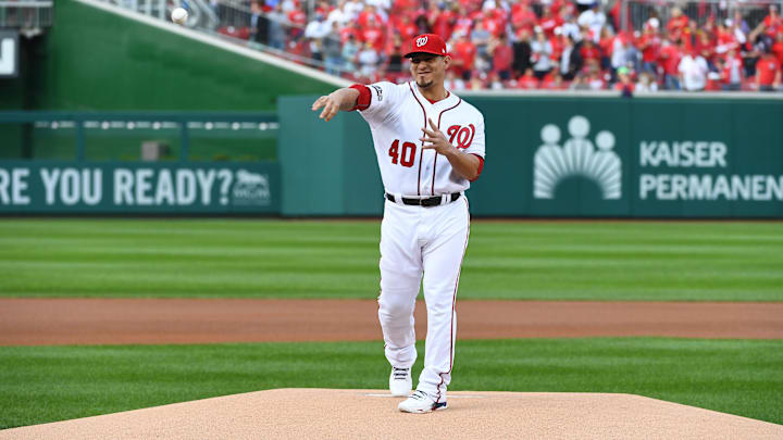 Washington, DC, USA; Washington Nationals catcher Wilson Ramos (40) throws out a ceremonial first pitch before Game 1 of the 2016 NLDS against the Los Angeles Dodgers at Nationals Park.