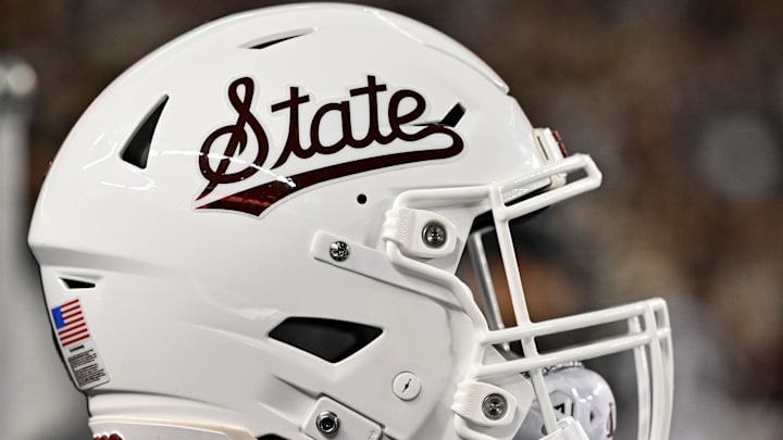 Nov 11, 2023; College Station, Texas, USA; Mississippi State Bulldogs helmet on the sideline during the game against the Texas A&M Aggies at Kyle Field. Mandatory Credit: Maria Lysaker-USA TODAY Sports