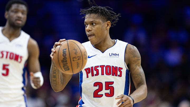 Apr 9, 2024; Philadelphia, Pennsylvania, USA; Detroit Pistons guard Marcus Sasser (25) dribbles the