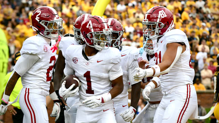 Oct 11, 2025; Columbia, MO; USA; Alabama Crimson Tide receiver Isaiah Horton (1) celebrates a touchdown in the second quarter against the Missouri Tigers at Faurot Field at Memorial Stadium. | Matt Guzman/MissouriOnSI