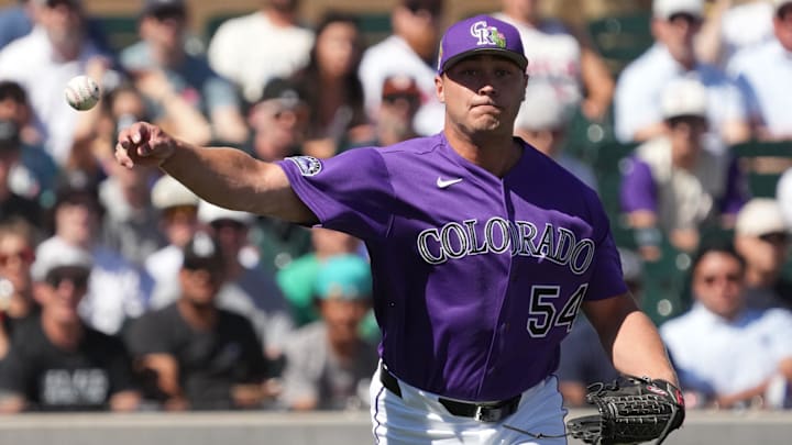 Mar 4, 2026; Scottsdale, AZ, USA; Colorado Rockies pitcher Seth Halvorsen (54) throws against the United States in the second inning at Salt River Fields. Mandatory Credit: Rick Scuteri-Imagn Images