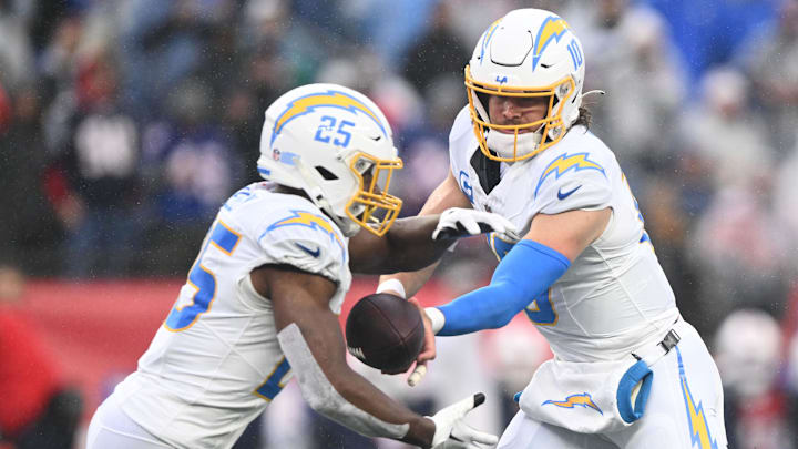 Dec 3, 2023; Foxborough, Massachusetts, USA; Los Angeles Chargers quarterback Justin Herbert. Dec 3, 2023; Foxborough, Massachusetts, USA; Los Angeles Chargers quarterback Justin Herbert.