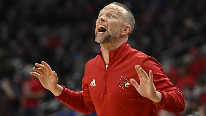 Jan 6, 2026; Louisville, Kentucky, USA;  Louisville Cardinals head coach Pat Kelsey reacts during the first half against the Duke Blue Devils at KFC Yum! Center. Mandatory Credit: Jamie Rhodes-Imagn Images