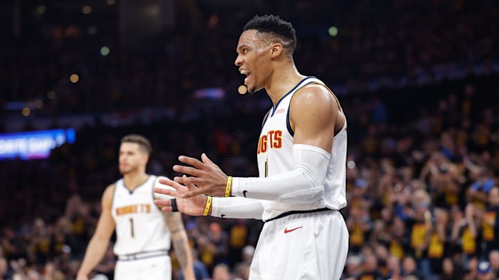 May 5, 2025; Oklahoma City, Oklahoma, USA; Denver Nuggets guard Russell Westbrook (4) reacts after a play against the Oklahoma City Thunder during the second half during game one of the second round for the 2025 NBA Playoffs at Paycom Center. Mandatory Credit: Alonzo Adams-Imagn Images May 5, 2025; Oklahoma City, Oklahoma, USA; Denver Nuggets guard Russell Westbrook (4) reacts after a play against the Oklahoma City Thunder during the second half during game one of the second round for the 2025 NBA Playoffs at Paycom Center. Mandatory Credit: Alonzo Adams-Imagn Images