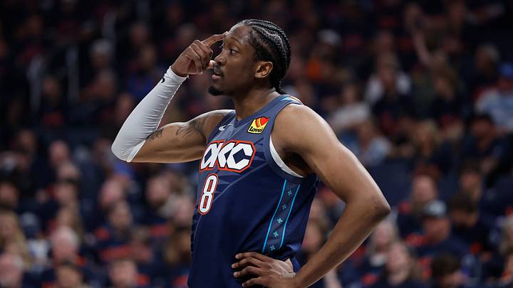 Apr 22, 2026; Oklahoma City, Oklahoma, USA; Oklahoma City Thunder guard Jalen Williams (8) gestures to his team before a play against the Phoenix Suns in the first half during game two of the first round of the 2026 NBA Playoffs at Paycom Center. Mandatory Credit: Alonzo Adams-Imagn Images