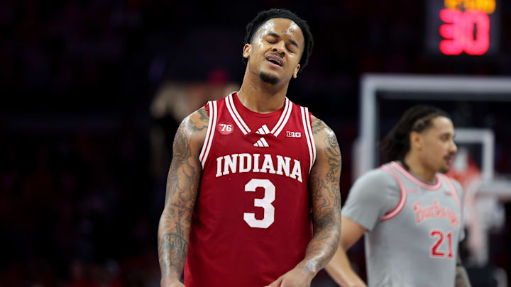 Mar 7, 2026; Columbus, Ohio, USA; Indiana Hoosiers guard Lamar Wilkerson (3) reacts as time winds down during the second half against the Ohio State Buckeyes at Value City Arena. Mandatory Credit: Joseph Maiorana-Imagn Images Mar 7, 2026; Columbus, Ohio, USA; Indiana Hoosiers guard Lamar Wilkerson (3) reacts as time winds down during the second half against the Ohio State Buckeyes at Value City Arena. Mandatory Credit: Joseph Maiorana-Imagn Images