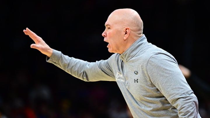 Mar 21, 2025; Cleveland, OH, USA; St. Mary's Gaels head coach Randy Bennett reacts in the first half against the Vanderbilt Commodores at Rocket Arena. Mandatory Credit: Ken Blaze-Imagn Images