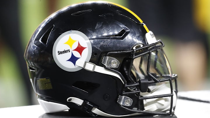 Aug 9, 2024; Pittsburgh, Pennsylvania, USA;  A Pittsburgh Steelers helmet sits on an equipment trunk during the game against the Houston Texans during the fourth quarter at Acrisure Stadium.