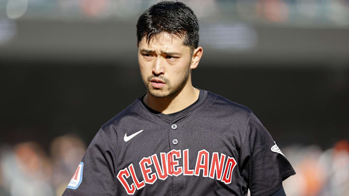 Cleveland Guardians outfielder Steven Kwan (38) reacts after the fifth inning during game three of the ALDS for the 2024 MLB Playoffs at Comerica Park in Detroit oin Oct. 9, 2024. Cleveland Guardians outfielder Steven Kwan (38) reacts after the fifth inning during game three of the ALDS for the 2024 MLB Playoffs at Comerica Park in Detroit oin Oct. 9, 2024.