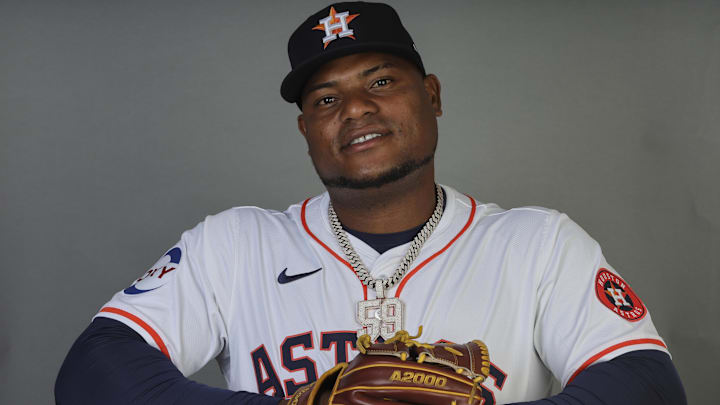Feb 21, 2024; West Palm, FL, USA; Houston Astros starting pitcher Framber Valdez (59) poses for a