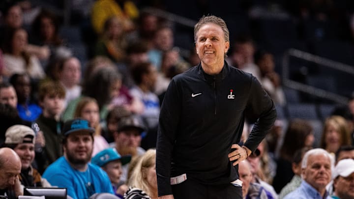 Mar 1, 2025; Charlotte, North Carolina, USA; Washington Wizards head coach Brian Keefe looks on during the second quarter against the Charlotte Hornets at Spectrum Center. Mandatory Credit: Scott Kinser-Imagn Images