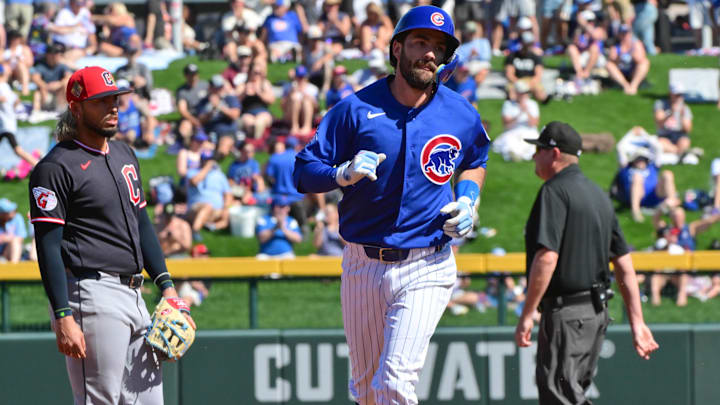 Feb 27, 2026; Mesa, Arizona, USA; Chicago Cubs shortstop Dansby Swanson (7) rounds the bases after hitting a two-run home run in the first inning against the Cleveland Guardians at Sloan Park. Mandatory Credit: Matt Kartozian-Imagn Images
