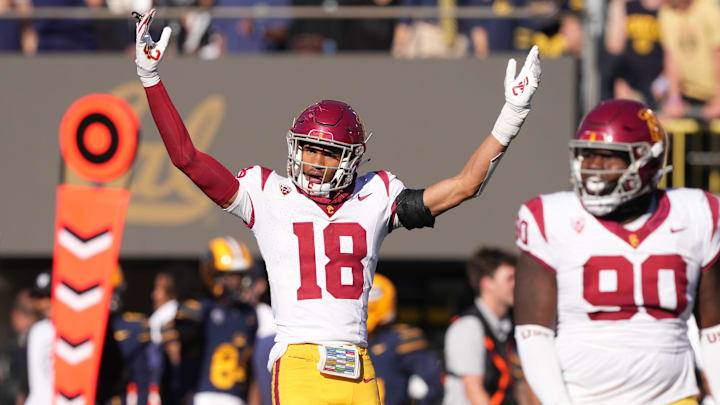 Oct 28, 2023; Berkeley, California, USA; USC Trojans linebacker Eric Gentry (18) gestures during the third quarter against the California Golden Bears at California Memorial Stadium. Mandatory Credit: Darren Yamashita-Imagn Images