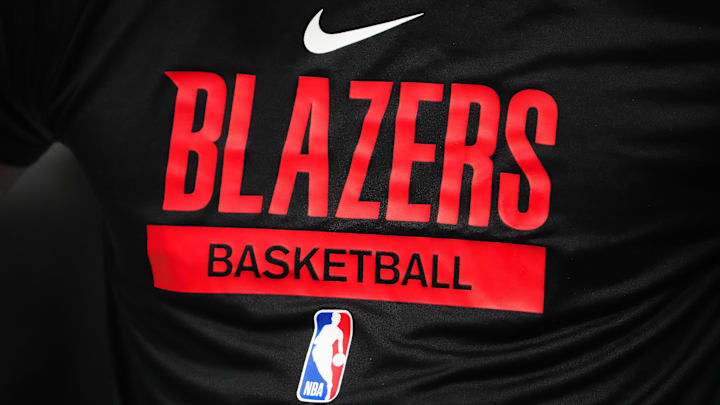 Jan 17, 2023; Denver, Colorado, USA; Detailed view of a Portland Trail Blazers logo warmup jersey before the game against the Denver Nuggets at Ball Arena. Mandatory Credit: Ron Chenoy-Imagn Images