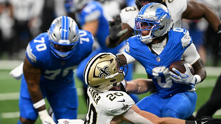 Sep 13, 2026; Detroit, Michigan, USA; Detroit Lions running back Jahmyr Gibbs (0) is tackled by New Orleans Saints linebacker Pete Werner (20) during the first quarter at Ford Field. Mandatory Credit: Lon Horwedel-Imagn Images Sep 13, 2026; Detroit, Michigan, USA; Detroit Lions running back Jahmyr Gibbs (0) is tackled by New Orleans Saints linebacker Pete Werner (20) during the first quarter at Ford Field. Mandatory Credit: Lon Horwedel-Imagn Images