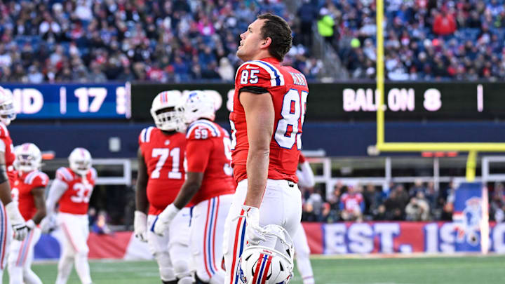 Dec 1, 2024; Foxborough, Massachusetts, USA; New England Patriots tight end Hunter Henry (85) walks off the field during the second half against the Indianapolis Colts at Gillette Stadium. Mandatory Credit: Eric Canha-Imagn Images