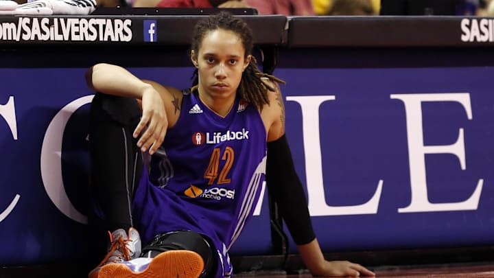Aug 17, 2013; San Antonio, TX, USA; Phoenix Mercury center Brittney Griner (42) waits to enter the game during the second half against the San Antonio Silver Stars at the AT&T center. The Silver Stars won 88-82. Mandatory Credit: Soobum Im-Imagn Images