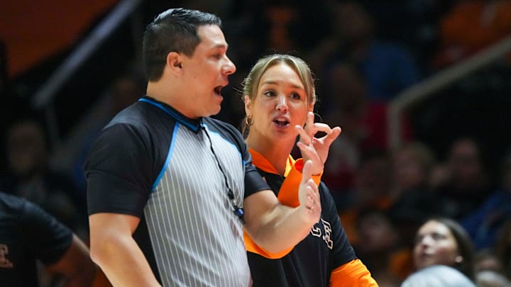 Tennessee Lady Vols head coach Kim Caldwell argues a foul with a referee during a NCAA women's basketball game between the Lady Vols and Ole Miss at Thompson-Boling Arena at Food City Center in Knoxville on Sunday, February 16, 2025. Tennessee Lady Vols head coach Kim Caldwell argues a foul with a referee during a NCAA women's basketball game between the Lady Vols and Ole Miss at Thompson-Boling Arena at Food City Center in Knoxville on Sunday, February 16, 2025.