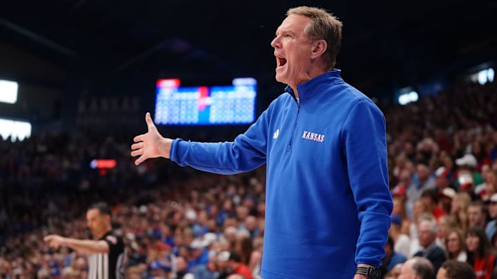 Kansas Jayhawks head coach Bill Self yells out during the Sunflower Showdown game inside Allen Fieldhouse in Lawrence, Kansas, on Saturday, March 7, 2026.