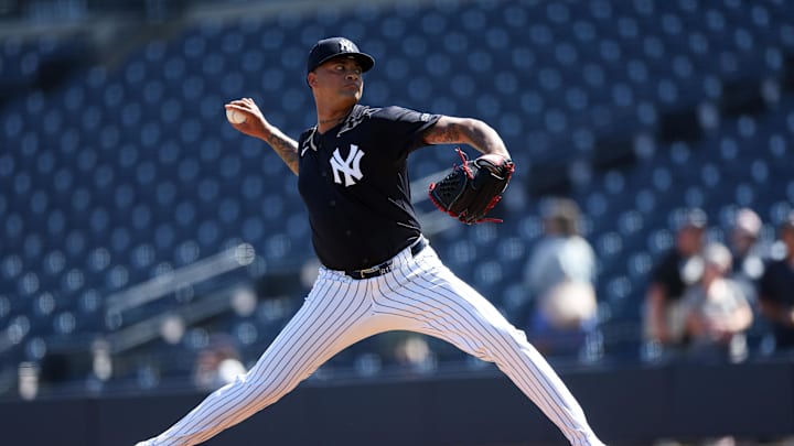 Feb 15, 2025; Tampa, FL, USA; New York Yankees starting pitcher Luis Gil (81) participates in spring training workouts at George M. Steinbrenner Field. Mandatory Credit: Nathan Ray Seebeck-Imagn Images Feb 15, 2025; Tampa, FL, USA; New York Yankees starting pitcher Luis Gil (81) participates in spring training workouts at George M. Steinbrenner Field. Mandatory Credit: Nathan Ray Seebeck-Imagn Images