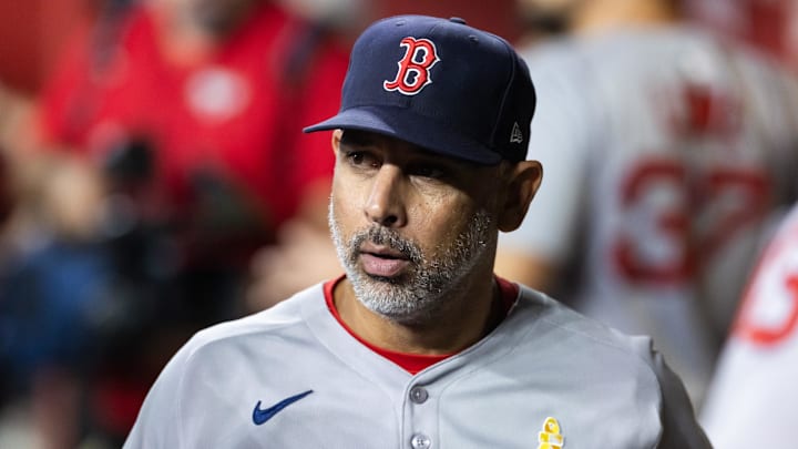 Sep 7, 2025; Phoenix, Arizona, USA; Boston Red Sox manager Alex Cora against the Arizona Diamondbacks at Chase Field. Mandatory Credit: Mark J. Rebilas-Imagn Images