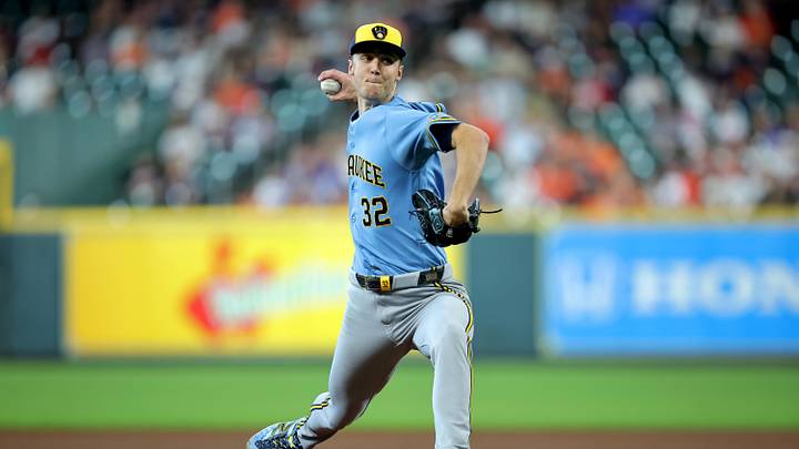 May 31, 2026; Houston, Texas, USA; Milwaukee Brewers pitcher Jacob Misiorowski (32) delivers a pitch against the Houston Astros during the first inning at Daikin Park. Mandatory Credit: Erik Williams-Imagn Images