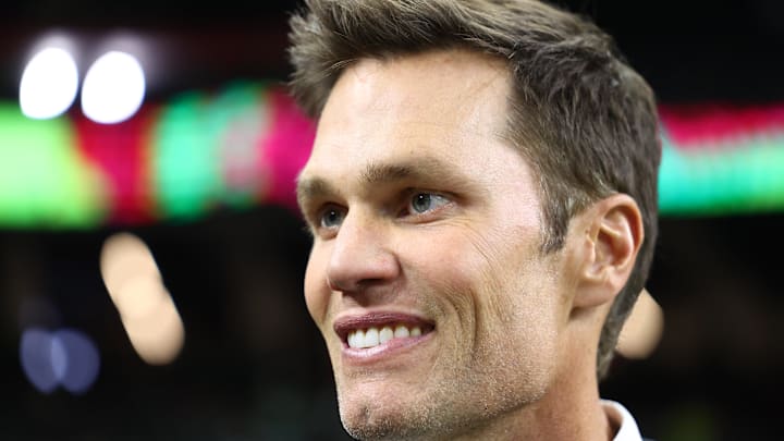 Feb 9, 2025; New Orleans, LA, USA; Tom Brady on the field before Super Bowl LIX between the Philadelphia Eagles and the Kansas City Chiefs at Ceasars Superdome. Mandatory Credit: Mark J. Rebilas-Imagn Images