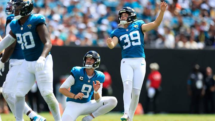 Jacksonville Jaguars place kicker Cam Little (39) watches his 47-yard field goal sail through the uprights with punter Logan Cooke (9) during the second quarter of an NFL football matchup at EverBank Stadium on Sunday, Sept. 13, 2026, in Jacksonville, Fla. The Jaguars defeated the Browns 34-10. [Corey Perrine/Florida Times-Union]