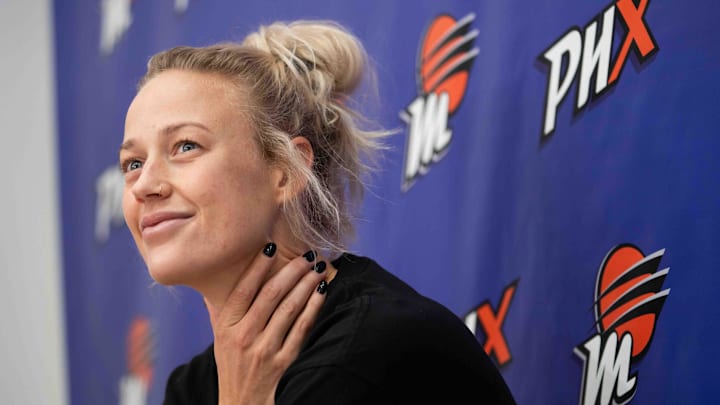 Sophie Cunningham speaks to members of the media at Player 15 HQ in Phoenix on Sept. 26, 2024.