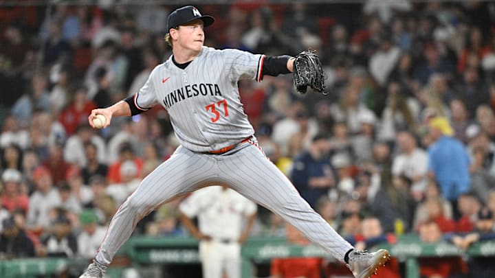 May 2, 2025; Boston, Massachusetts, USA; Minnesota Twins relief pitcher Louis Varland (37) pitches against the Boston Red Sox during the seventh inning at Fenway Park. 