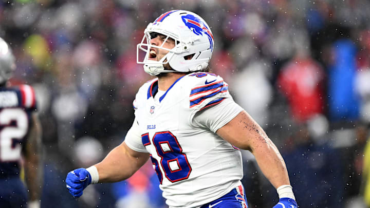 Dec 14, 2025; Foxborough, Massachusetts, USA; Buffalo Bills linebacker Matt Milano (58) reacts after a sack against the New England Patriots during the second half at Gillette Stadium.