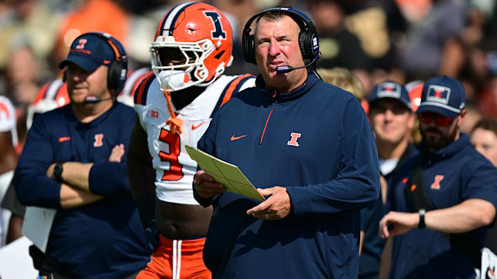 Oct 4, 2025; West Lafayette, Indiana, USA; Illinois Fighting Illini head coach Bret Bielema stands on the sidelines during the second quarter against the Purdue Boilermakers at Ross-Ade Stadium. Mandatory Credit: Marc Lebryk-Imagn Images