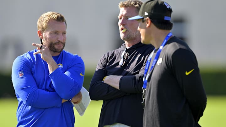 Jul 29, 2024; Los Angeles, CA, USA; Los Angeles Rams head coach Sean McVay, general manager Les Snead and chief of staff Carter Crutchfield. Mandatory Credit: Jayne Kamin-Oncea-Imagn Images