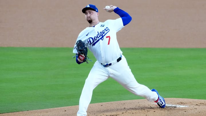 Oct 29, 2025; Los Angeles, California, USA; Los Angeles Dodgers pitcher Blake Snell (7) pitches against the Toronto Blue Jays in the first inning during game five of the 2025 MLB World Series at Dodger Stadium. Mandatory Credit: Kirby Lee-Imagn Images