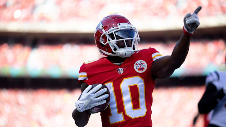 Kansas City Chiefs wide receiver Tyreek Hill (10) celebrates after a first down catch in the first