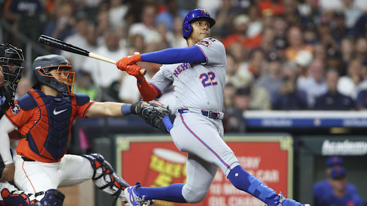 Mar 28, 2025; Houston, TX, USA; New York Mets right fielder Juan Soto (22) hits a home run during the third inning against the Houston Astros at Daikin Park. Mandatory Credit: Troy Taormina-Imagn Images