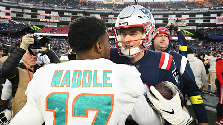 Jan 1, 2023; Foxborough, Massachusetts, USA; New England Patriots quarterback Mac Jones (10) talks